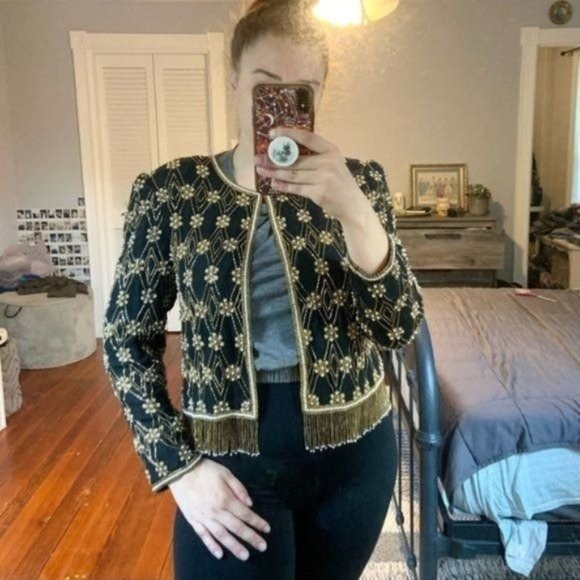 VINTAGE NIPON NIGHT BEADED FRINGE SILK JACKET 8 - Picture 1 of 16
